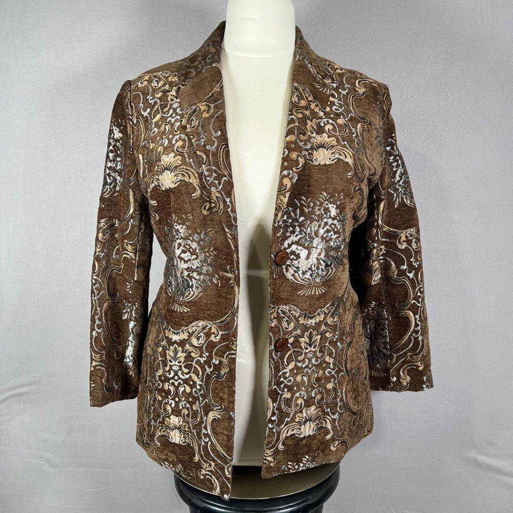 Spiegel Brown Chenille Tapestry Blazer Metallic Silver Floral Damask Jacket 10